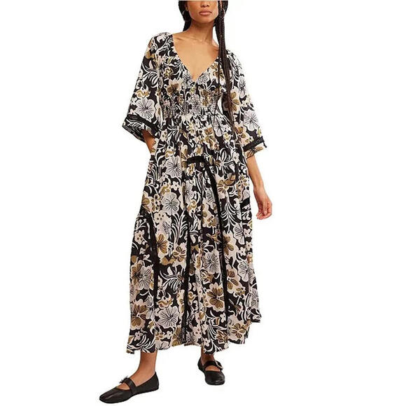 NEW Free People Printed Dixie V Neck 3/4 Sleeve Maxi Dress Size S #MD539